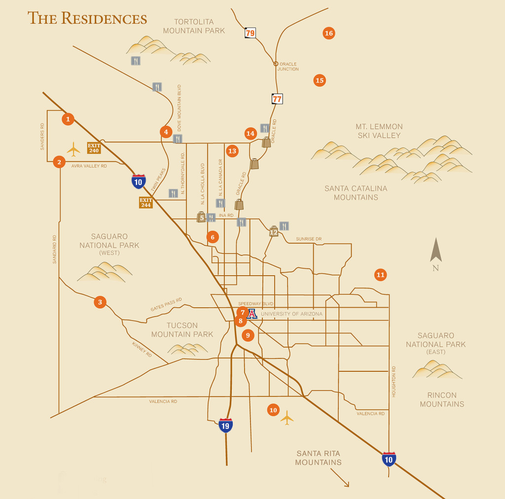 Overview map of Tucson, Arizona, and where The Ritz-Carlton Residences, Dove Mountain are located in relation to the city.